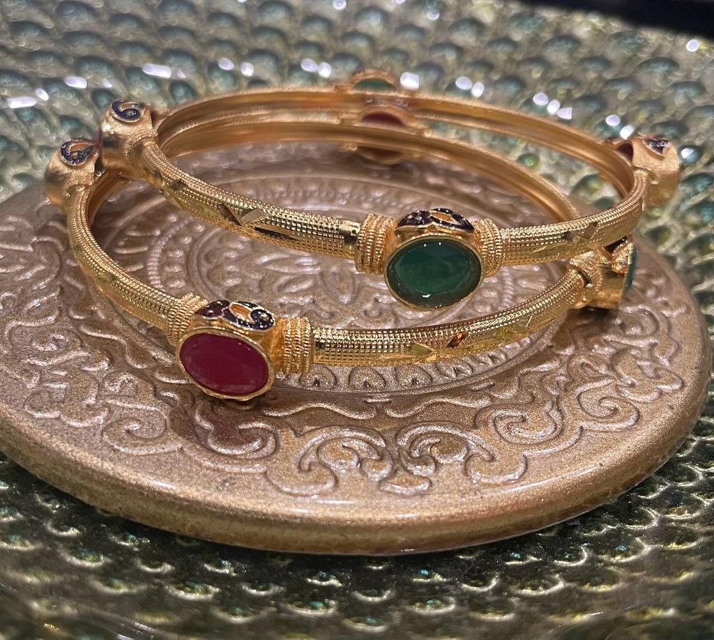 Beautiful Gold Plated Bangles with Ruby- Emerald stones