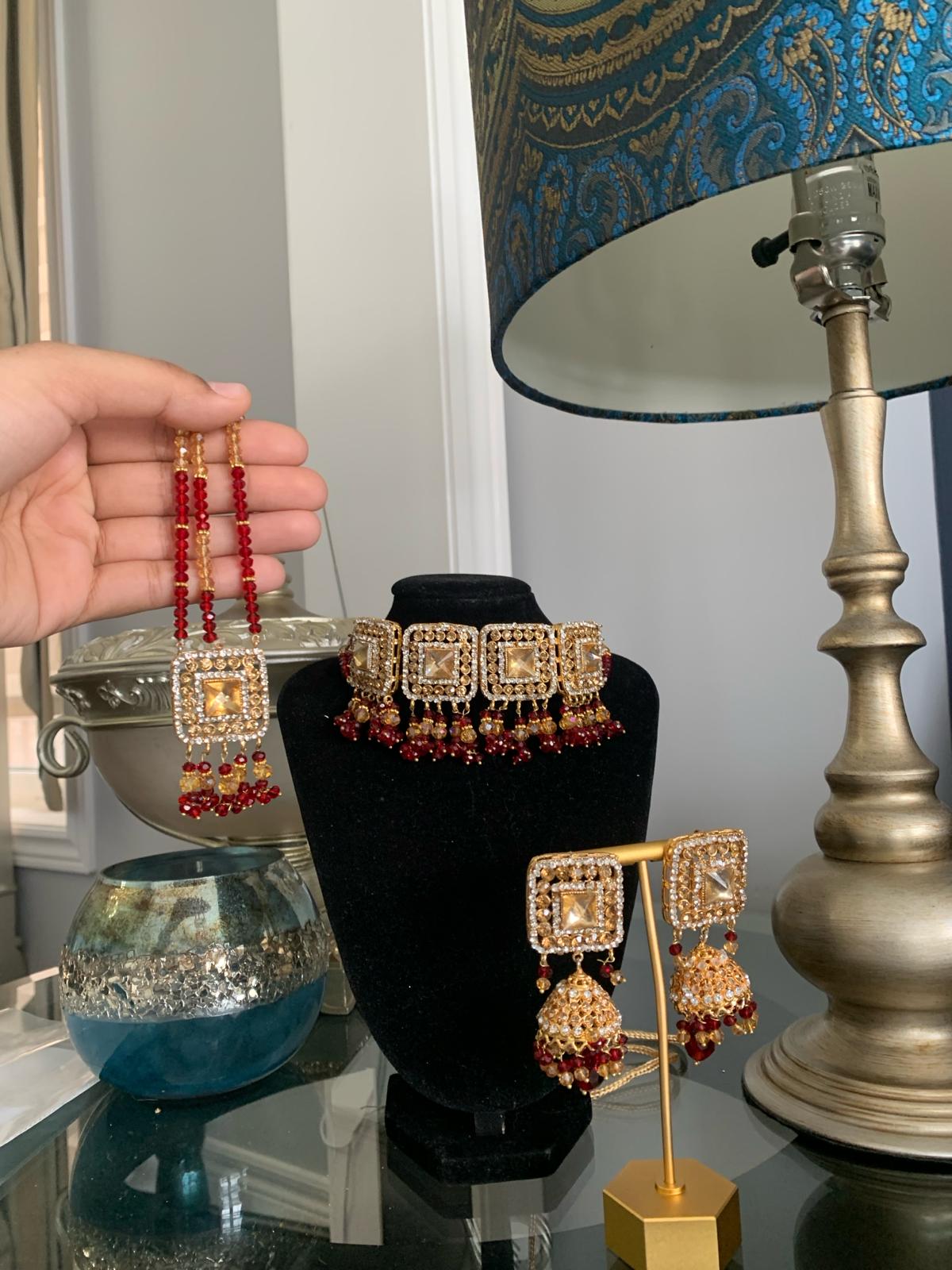 Elegant Maroon Zircon Choker Set